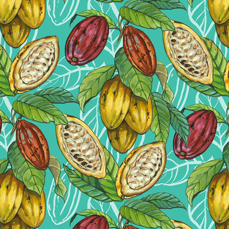 Surface pattern of cacao leaves and pods by artist Ashley Cecil