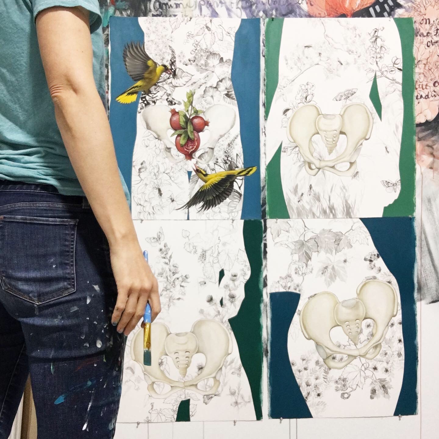 Four of Pittsburgh artist Ashley Cecil's pelvic paintings in progress
