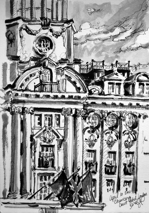 Chancery Court Hotel London. 7.5″x11″ ink on paper. Click the image for an enlarged view