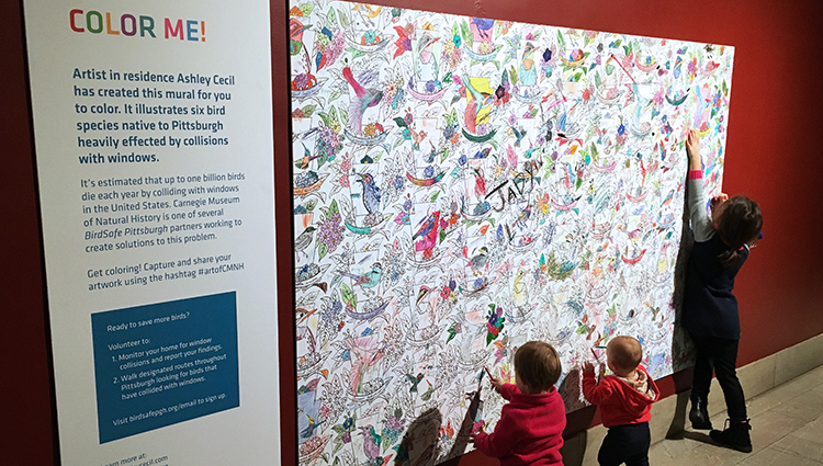Carnegie Museum of Natural History visitors color in a mural by Ashley Cecil