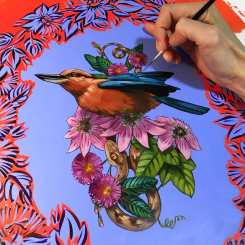 painting of a Guam Kingfisher in progress by Ashley Cecil