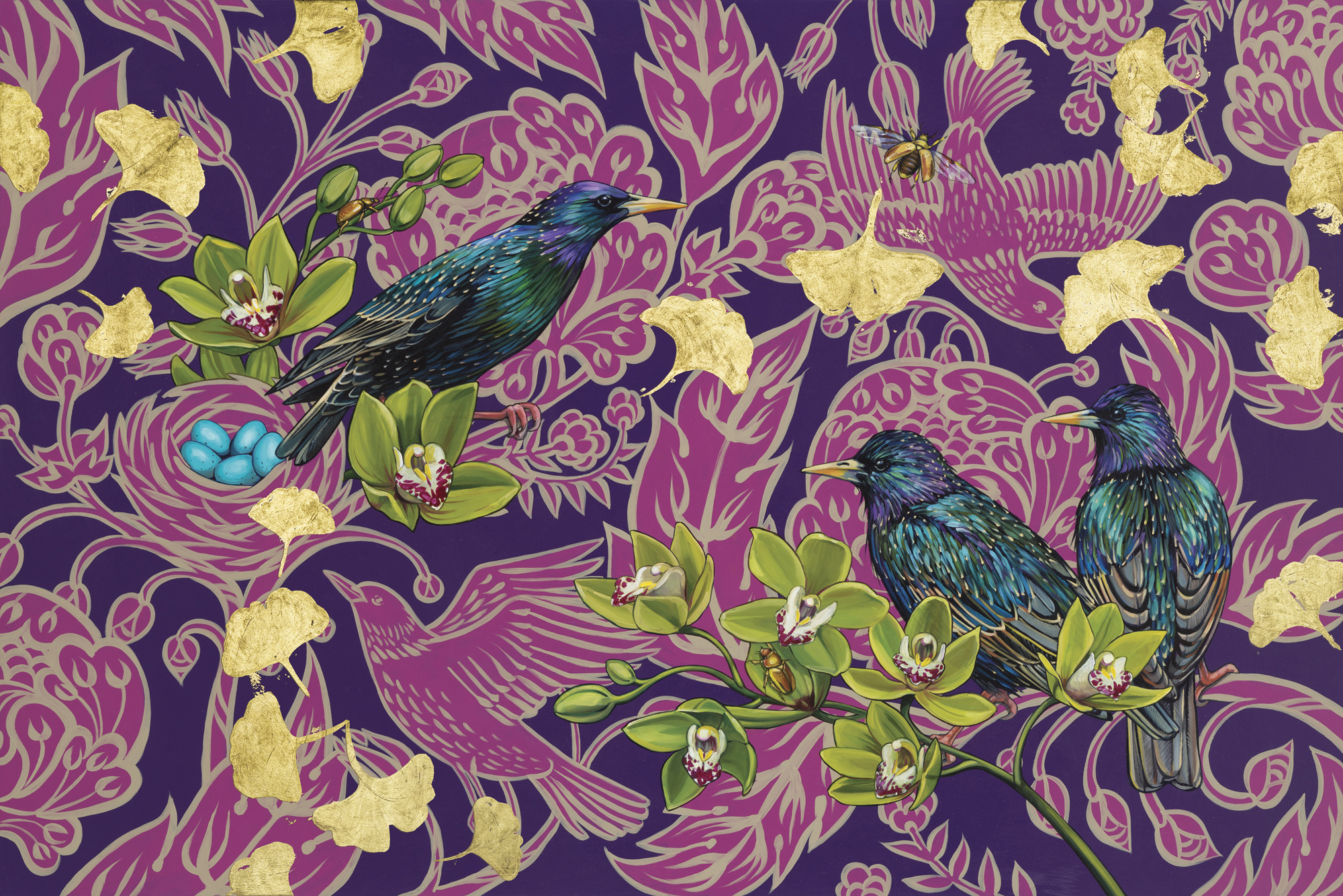 Common Starlings on Purple by artist Ashley Cecil